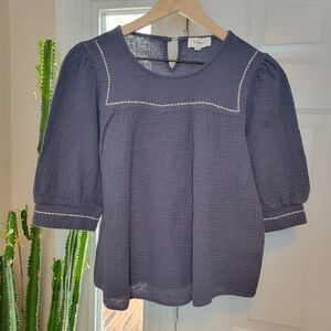 Böhme Slate Blue 100% Cotton Muslin Lighweight Short Sleeve Blouse, Size S